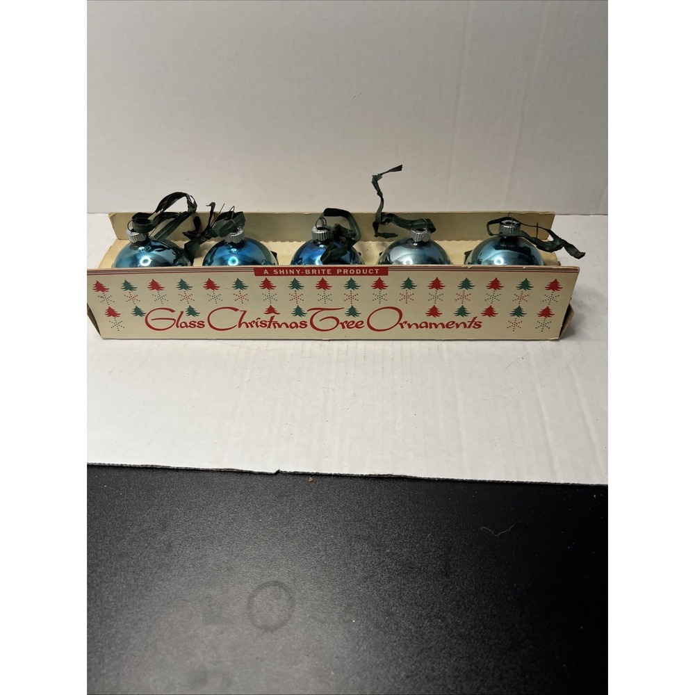 5 Vintage Shiny Brite Blue Ornaments Original Box Sleeve